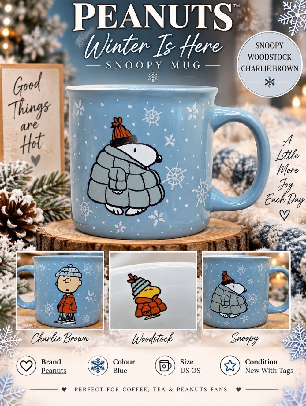 ❄️ Peanuts Winter Is Here Snoopy, Woodstock, Charlie Brown Mug ❄️